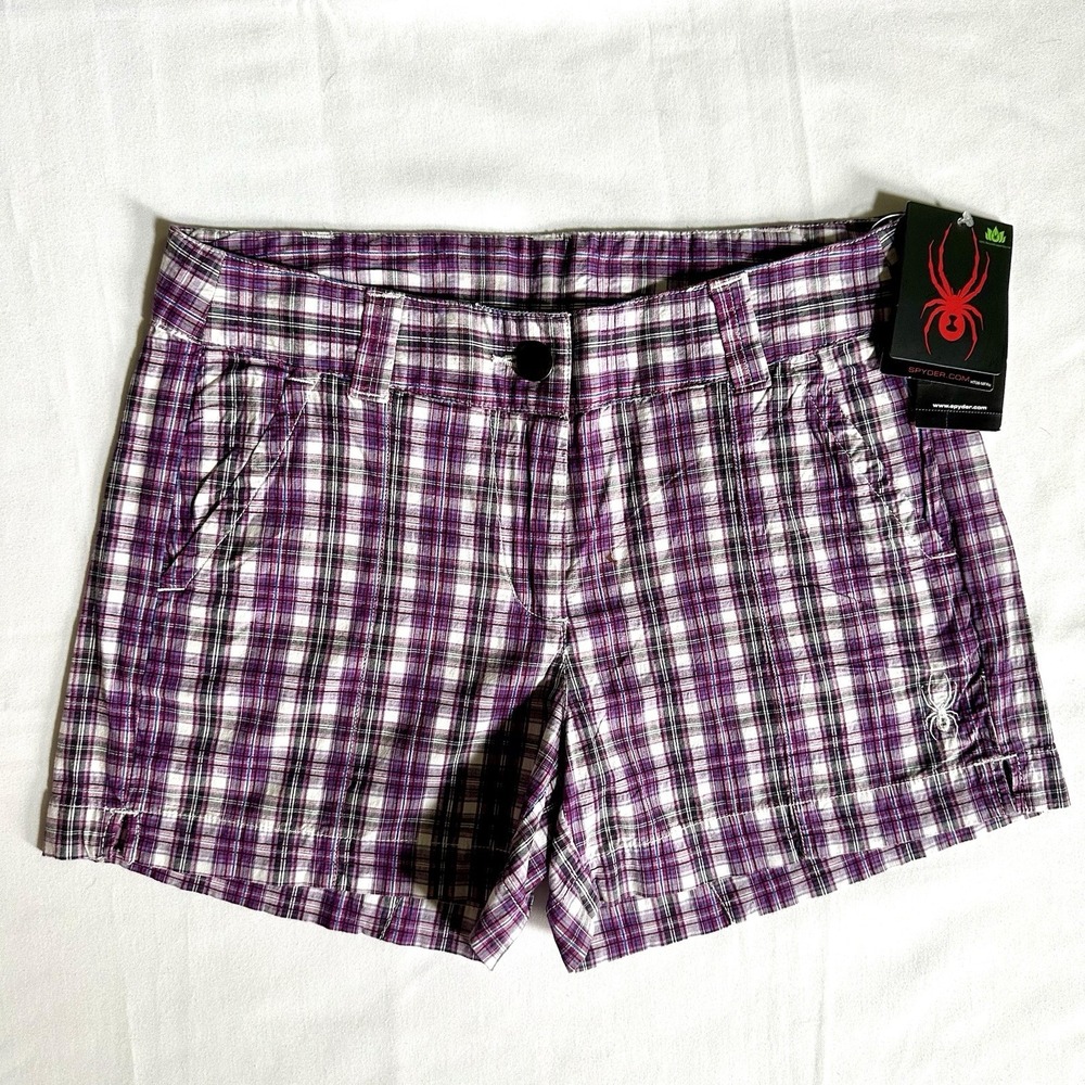 Y2K Spider Women's Active Shorts Size 8 Rich Purple Plaid Hiking Golf Casual NWT